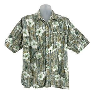 VINTAGE Baja Blue LARGE 90s Green Short Sleeve Dad Aloha Hawaiian Hibiscus Shirt